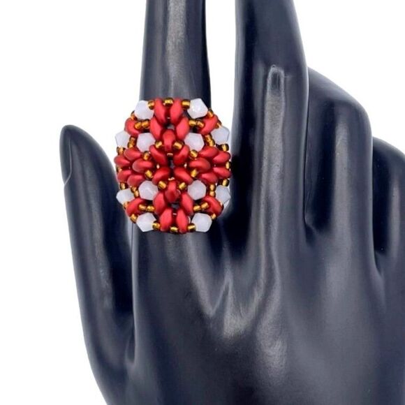 Velvet Red with Bronze and Opal White Crystal Beaded Statement Ring Size 9 - Picture 6 of 8